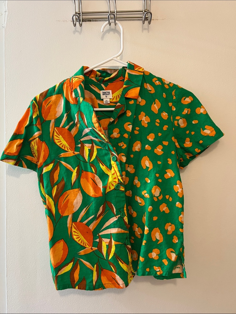 Tabitha brown for target green and orange linen blend button down shirt xs
